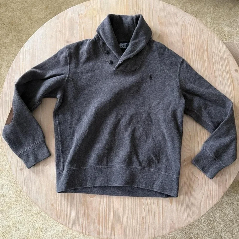 90's‎ Polo Ralph Lauren Men's Med Grey Knit Shawl Collar Sweater Pullover *flaw